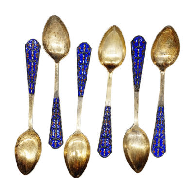לוט 6 כפיות כסף כנראה 84 רוסיות(חתימה שחוקה) משובצות עבודת אמייל יפהפיה , 139 