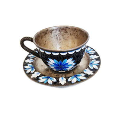 לוט נדיר כוס וצלחת כסף עם אמייל חתום 88 , האמן אובציניקוב(מאסטר ידוע) , גובה כוסית 5 