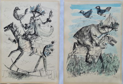 YOSL BERGNER - Technique: Lot of 2 hand-signed and hand-painted engravings Size: 50x35