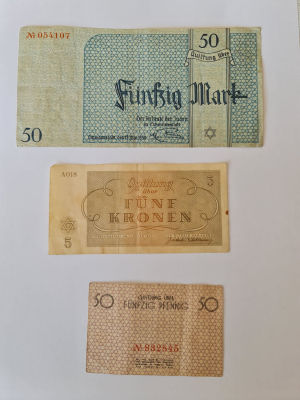 לוט 3 שטרות גטו :50 מרק משנת 1940 שנחשב נדיר ביותר , 50 פפניג ו-5 קרונות צ'כיות 