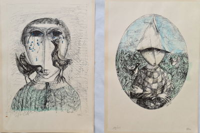 YOSL BERGNER - Technique: Lot of 2 engravings signed and hand-stitched Size: 50x35