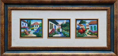 ZEEV KUN - Technique: Lot of 3 oil works on canvas framed together Size: 13x17 ?? ???