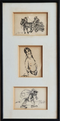 MOSHE BERNSHEIN - Technique: Lot of 3 pen / pen with paper framed together Size: ? 12x17 ?? ???