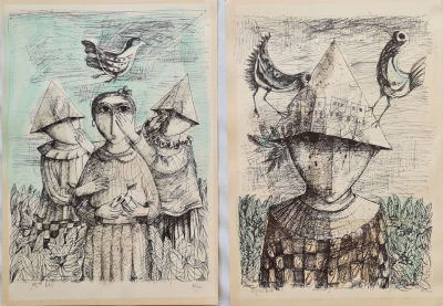 YOSL BERGNER - Technique: Lot of 2 engravings signed and hand-stitched Size: 50x35