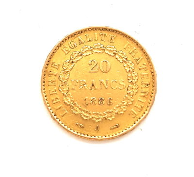מטבע זהב 21 קראט , 20 פרנק צרפתי משנת 1886 , קוטר 21 , משקל 6.42 גרם