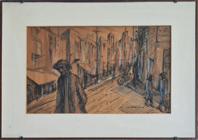 MOSHE BERNSHTEIN - Technique: Ink and watercolor on paper Size: 27x42 Date: 1952