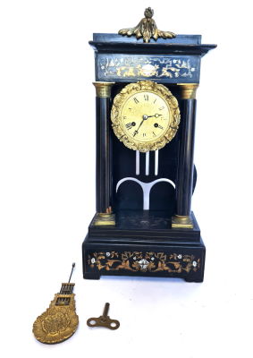 שעון אח צרפתי PORTIKO ממאה 19 , נפוליאון השלישי מעץ ופליז עבודת אומן , כולל מטוטלת 