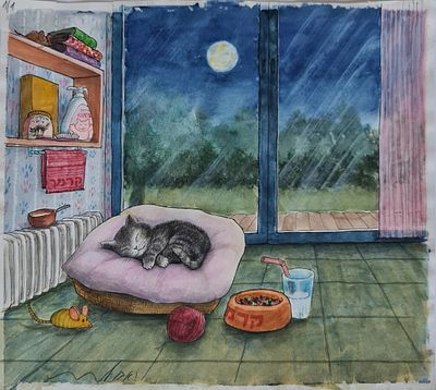 YOSSI ABULAFIA - Technique: WATERCOLOR AND MARKER Size: 24x27