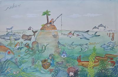 YOSSI ABULAFIA - Technique: WATERCOLOR AND MARKER Size: 28X46