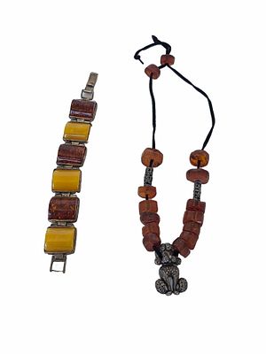 לוט 2 פריטים , צמיד ענברים משולב כסף באורך 20 ס"מ , ומחרוזת ענברים משלובת כסף 