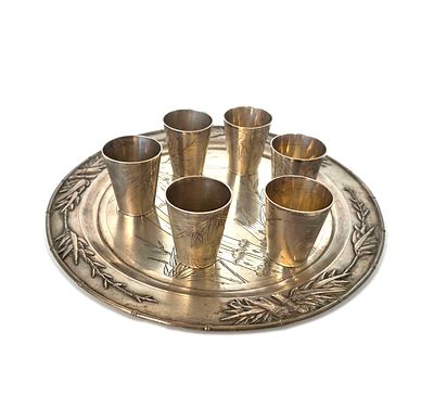 סט כסף סיני הכולל מגש ו6 כוסיות, חתום בחותמות מלאות, עתיק , קוטר המגש 28 גובה כוסית 