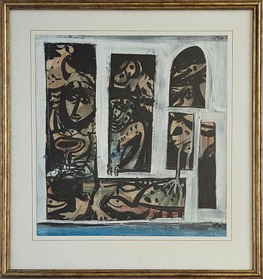 יוסל ברגנר - טכניקה: דיו ואקריליק על נייר נושא: דמויות בחלוןן מידות: 45x40