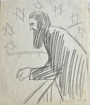 מנשה קדישמן - טכניקה: רישום על נייר נושא: הרצל במרפסת הידועה בבאזל מידות: 19X17