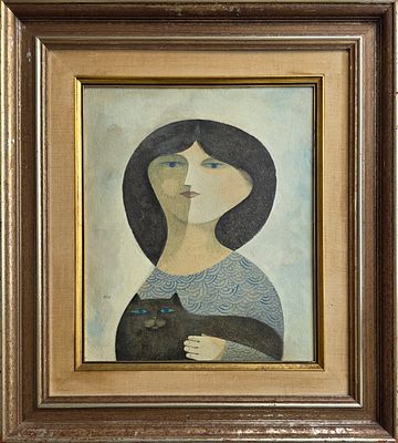 סמי בריס - טכניקה: שמן על מזוניט נושא: אישה עם חתול מידות: 46x38