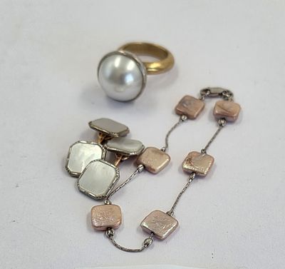 סט 3 פריטי כסף משולבי באם הפנינה, טבעת קוטר פנימי כ1.8, צמיד קוטר פנימי כ5 וזוג 