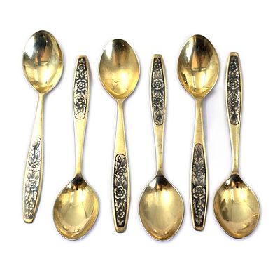 סט 6 כפיות כסף חתומות 875 וחתימת האמן, מוזהבות, כסף רוסי, משולב עבודת ניילו, משקל 