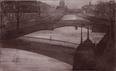 Сурков Александр. 
"Поцелуев мост", 	2000г., 	30х49см., б/офорт. Художник родился 12 декабря 