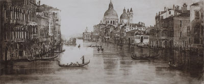 Сурков Александр. 
"Гранде канал. Венеция", 	2001г., 	29,5х70см., б/офорт. Художник родился 12 