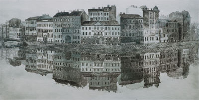 Сурков Александр. 
"Канал Грибоедова", 	1997г., 	31х59см., б/офорт. Художник родился 12 декабря 