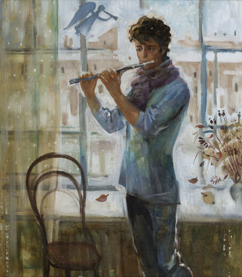 Баранова Маргарита, 
"Флейтист", 2009г., 	70x60см., 	холст, масло. Лауреат Золотого знака МФ 
