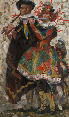 Баранова Маргарита, 
"Карнавальные музыканты", 2009г., 	110x65см., 	холст, масло. Художница 