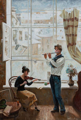 Баранова Маргарита, 
"Дуэт", 2012г., 	120x80см., 	холст, масло. Лауреат Золотого знака МФ 