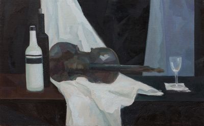 Бычкова Р.
" Черное и белое", 	2012г., 	50x80см., 	холст, масло. Натюрморт художницы построен на 