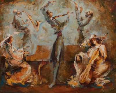 Талалян Агаси. "Джаз", 	2005г., 80x100см., холст, масло. Музыкальная тема - одна из ведущих в 