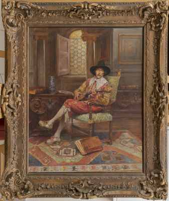 Andreis, de Alex
(Belgian/British 1871-1939). "Seated cavalier with lute". Андрис, де Алекс 