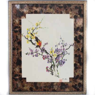 Китайская гравюра (woodblock) с изображением птицы, сидящей на ветке цветущего дерева. Помечен 