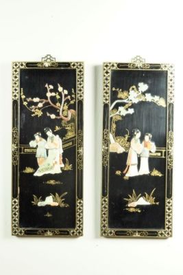 Две художественные китайские панели. Лак с резьбой по мыльному камню и другим камням с 