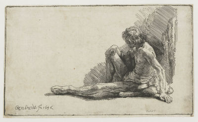 Рембрандт Харменс ван Рейн, &laquo;Сидящий на земле обнаженный мужчина&raquo;, 1646 г., 40х28 см, оформлена 