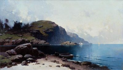 Прядко Юрий, Лауреат Золотого Знака и Грантов МФКД. Горы. Море. Лодки. Холст, масло. 40x69,5 см . 