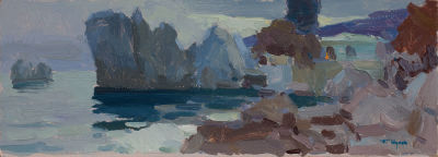 Шумов Павел, Лауреат Золотой Медали МФКД. Бухта Чехова. Осенний вечер. 2003 г. Картон, масло. 