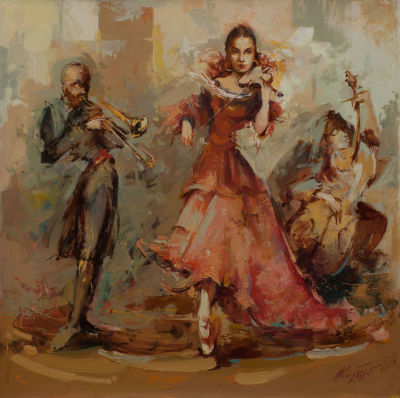 Талалян Агаси. "Музыканты", 	2007г., 60x60см., холст, масло. Музыкальная тема - одна из ведущих 