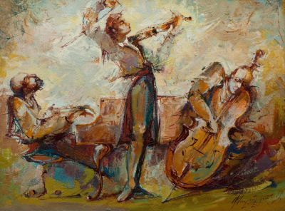 Талалян Агаси. "Джаз", 	2007г., 30x40см., холст, масло. Музыкальная тема - одна из ведущих в 