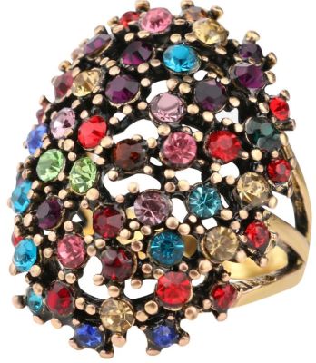 Женское кольцо золотого цвета с полицветными цирконами в стиле ретро, осн.размер 17,5-18