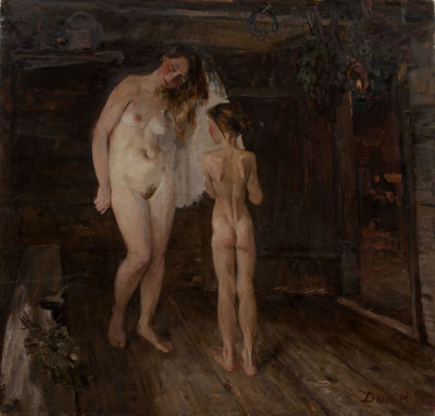 [Большой формат] Дик Наталья, В старой баньке, 1990, 142х137, х.м. Лауреат Золотого Знака ICHF. 