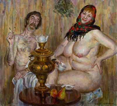 [Большой формат] Ляпкало Виктор, У самовара, 2014, 90х100, х.м. Лауреат Золотой Медали ICHF. 
