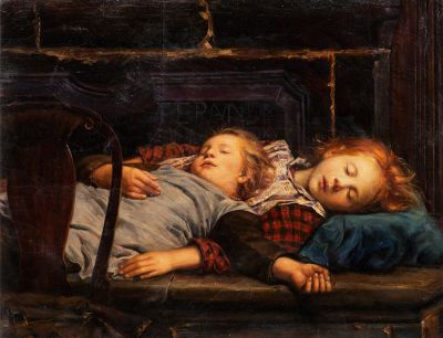 Anker, Albert, "Zwei schlafende Mädchen auf der Ofenbank". Анкер, Альберт, "Две девочки, спящие 