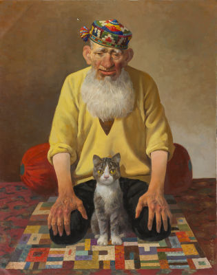 [Большой формат] Умаров Бахтияр. Старик с кошкой, 2016г., 100х80см., холст, масло. Заслуженный 