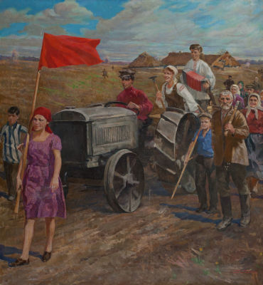 [Большой формат] Соцреализм. Присталенко В.А. Первый трактор, 1987г. Размер 110х110см. Холст 