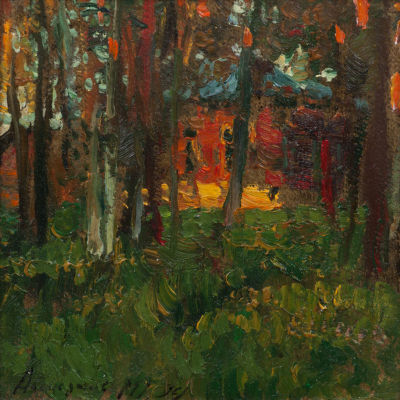 Абакумов Михаил, 
Академический вечер, 	1999г., 	15x15 см, 	картон, масло. Работа оформлена в 