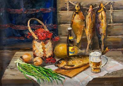 [Большой формат] Андреев Николай.
Волжские лещи, 2015г., 	70x100см, холст, масло.