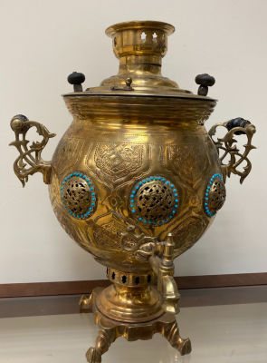 Самовар жаровой «Восточная сказка».
Форма «Шар»
Чеканка, инкрустация бирюзой. 
Витые ручки 