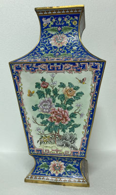 Редкая большая китайская эмалированная бронзовая ваза с перегородчатой эмалью (Cloisonne) со 