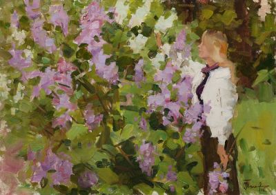 Теняев Олег. Девушка и сирень, 2008г., 50х70см., х\м. Заслуженный художник Европы,Лауреат 