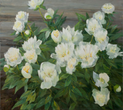 [Большой формат]Токарева Александра. Белые пионы, 1985г., 90х100см., х\м. Лауреат Золотой Медали 