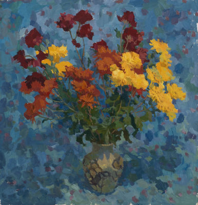 Владимирова-Лаврова Анна «Хризантемы» 52x50 см, 2005 г. Оргалит, масло. Член Творческого Союза 