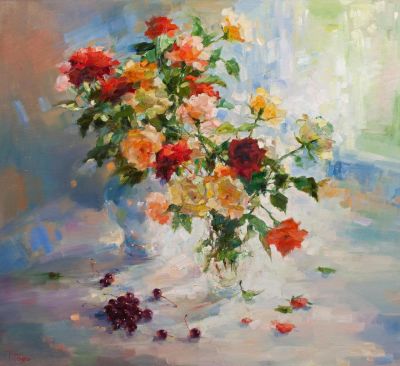 [Большой формат] Годовальникова Татьяна «Роза и черешня» 90х100 см, 2008 г. Холст, масло. Российс 